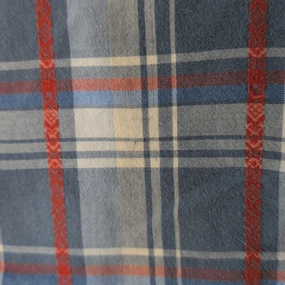 Lucky Brand Western Snap Button Down Short Sleeve Blue Orange Plaid Shirt Large - Picture 4 of 8